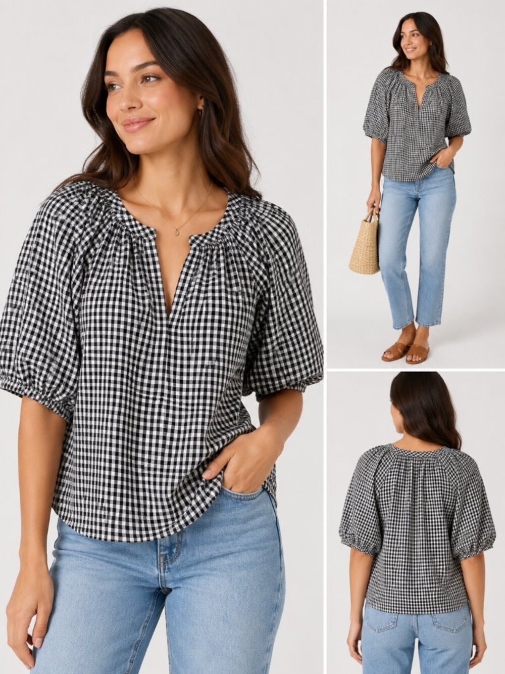 Max Studio London Gingham Blouse Black White Puff Sleeve Women's M NWT